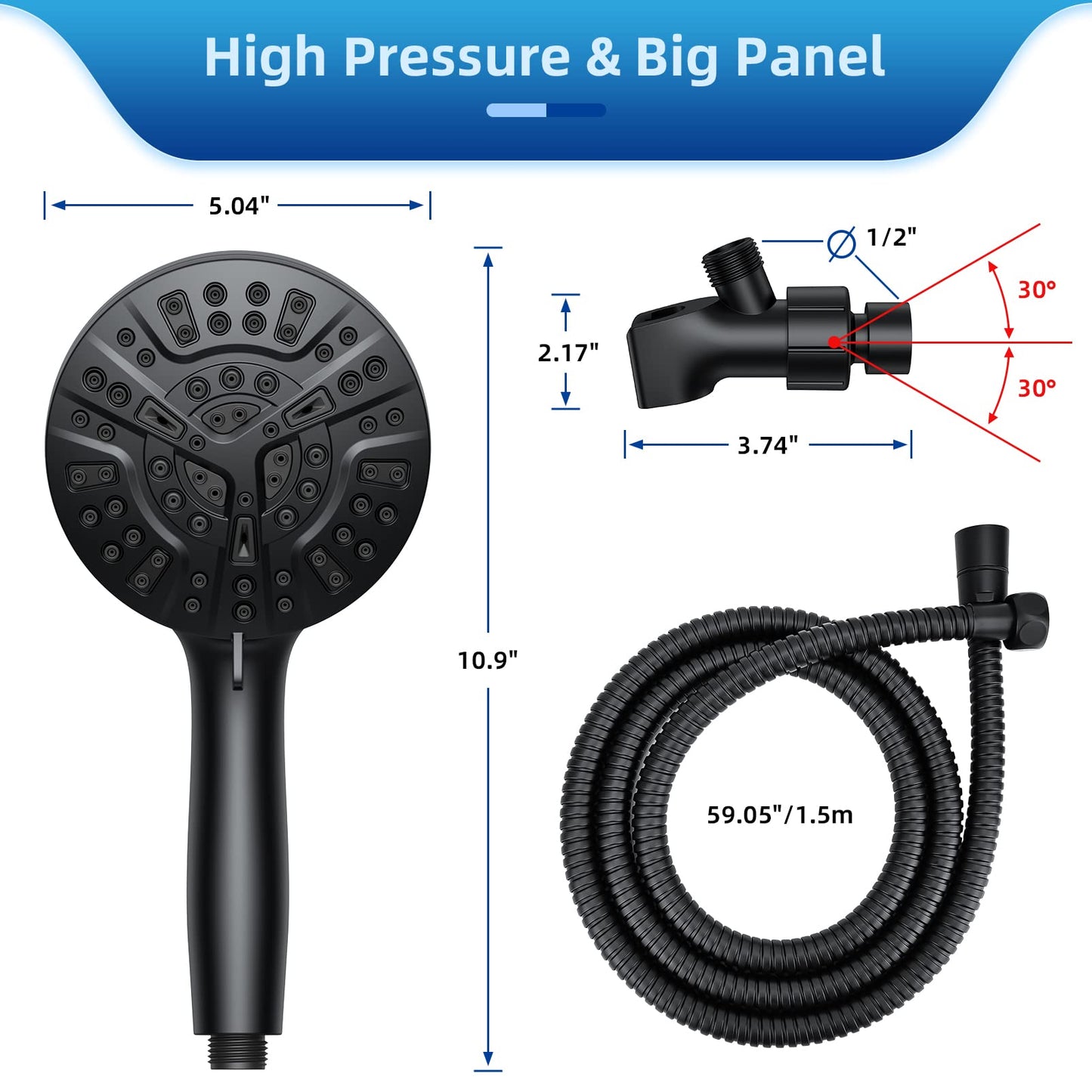 LuxeLine Black 5" High Pressure Shower Head with Handheld, 10 Modes, Hard Water Filter & Anti-Clog Design