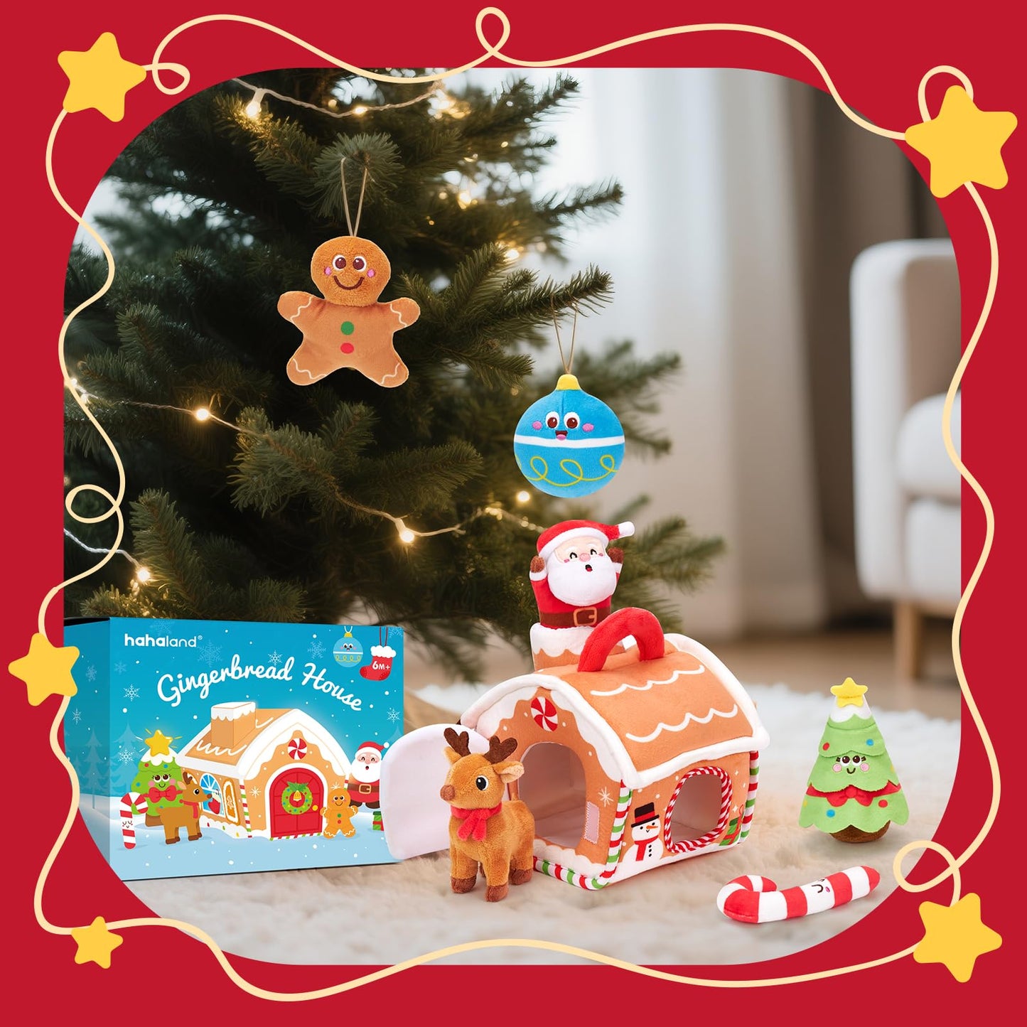 Baby Christmas Toy Set for 6–18 Months – Musical Plush Gingerbread House with Santa, Reindeer, Rattles & Sensory Holiday Characters – Interactive 7-Piece Gift for Infant Boys & Girls